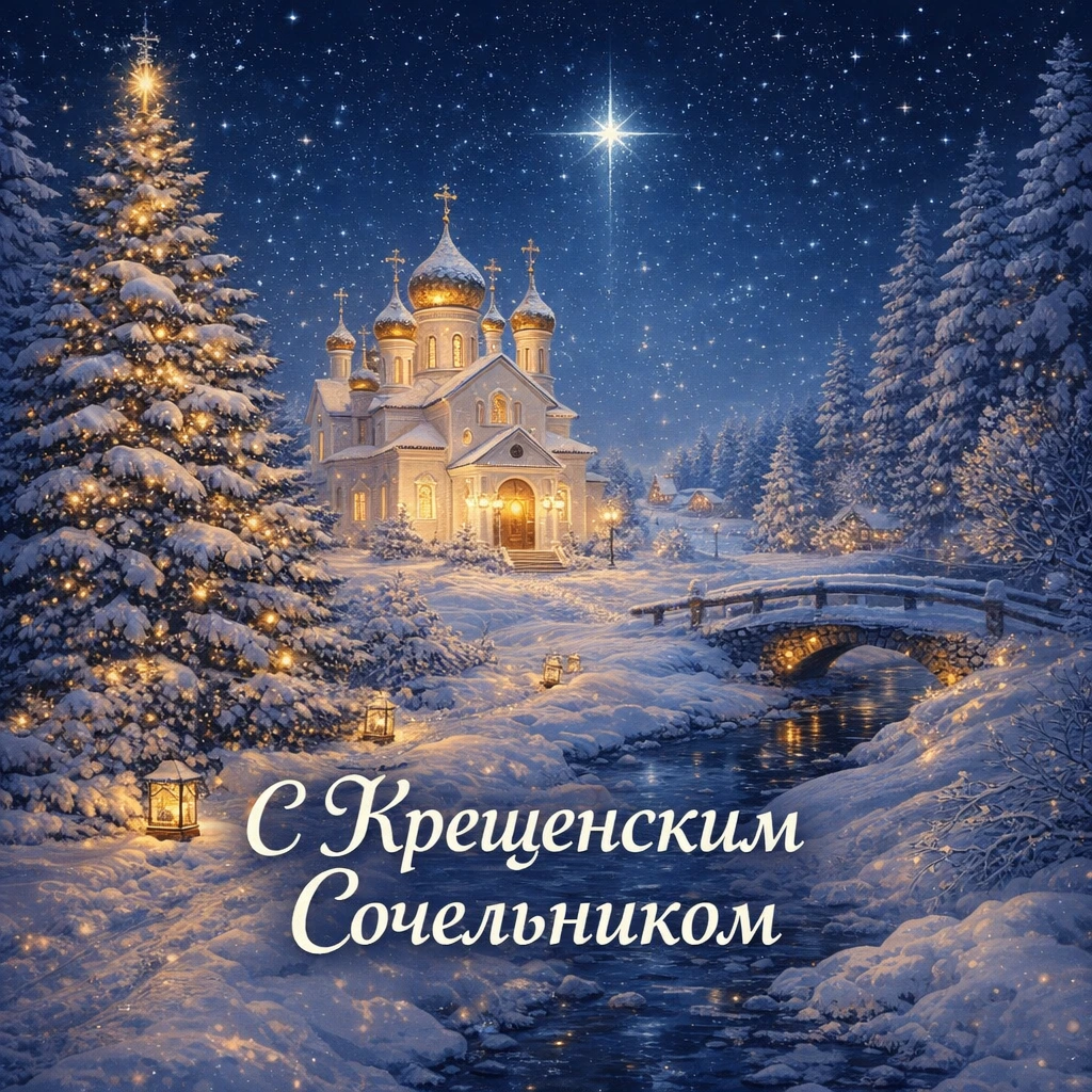 Классическая открытка с Крещенским Сочельником: храм в лесу под Вифлеемской звездой - РИА Новости, 1920, 16.01.2026