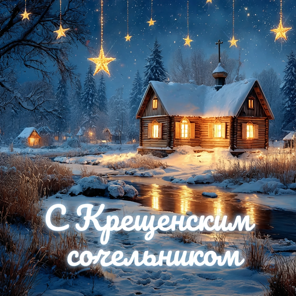Открытка с Крещенским сочельником: деревянный храм у ручья - РИА Новости, 1920, 16.01.2026