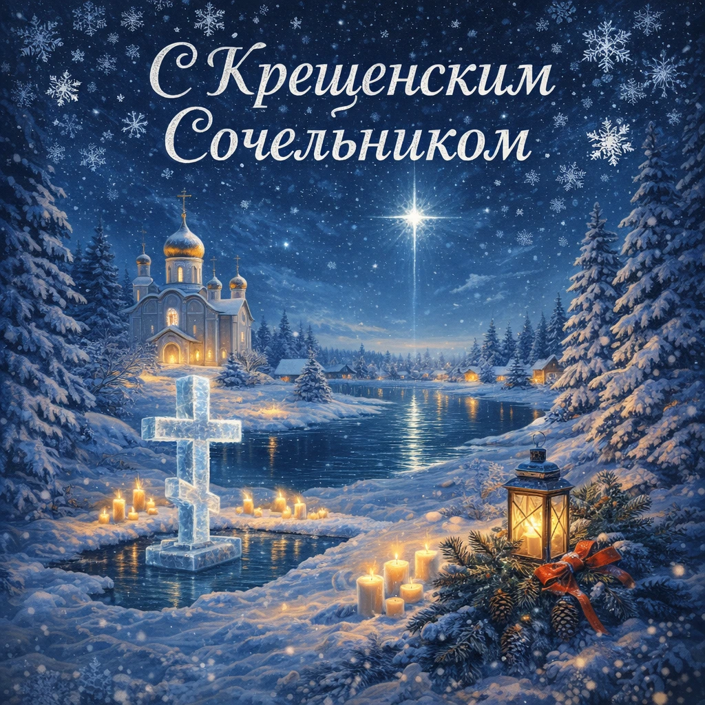 Открытка с Крещенским Сочельником: храм, иордань и свечи - РИА Новости, 1920, 16.01.2026