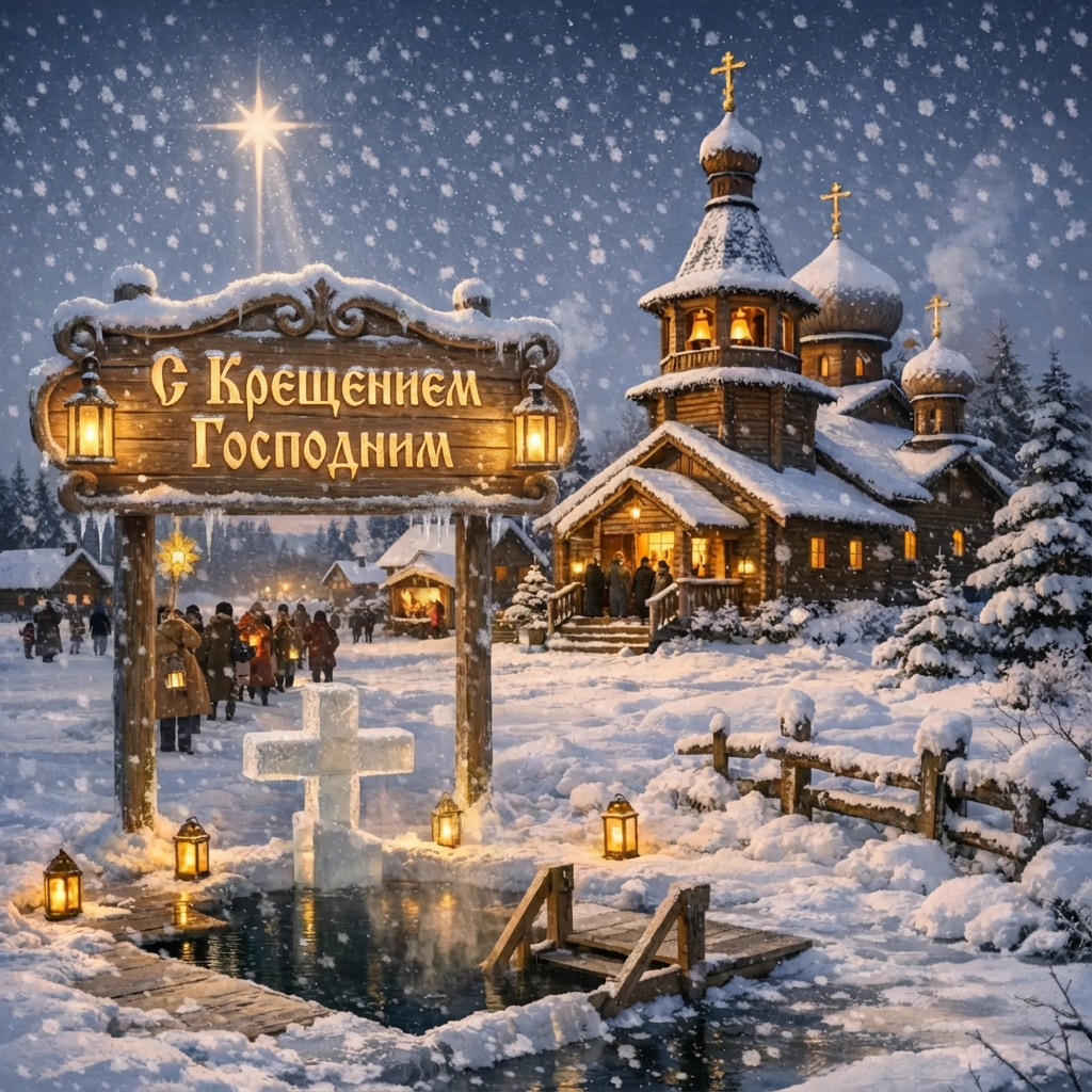 Открытка с Крещением Господним: прихожане у храма и иордань - РИА Новости, 1920, 16.01.2026