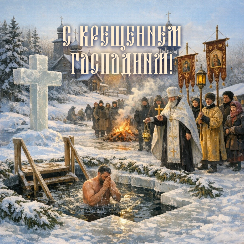 Открытка с Крещением Господним: мужчина окунается в иордань - РИА Новости, 1920, 16.01.2026