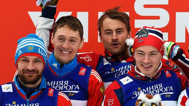 Алексей Петухов (слева) и Петтер Нортуг (второй справа) на чемпионате мира-2015 в Фалуне