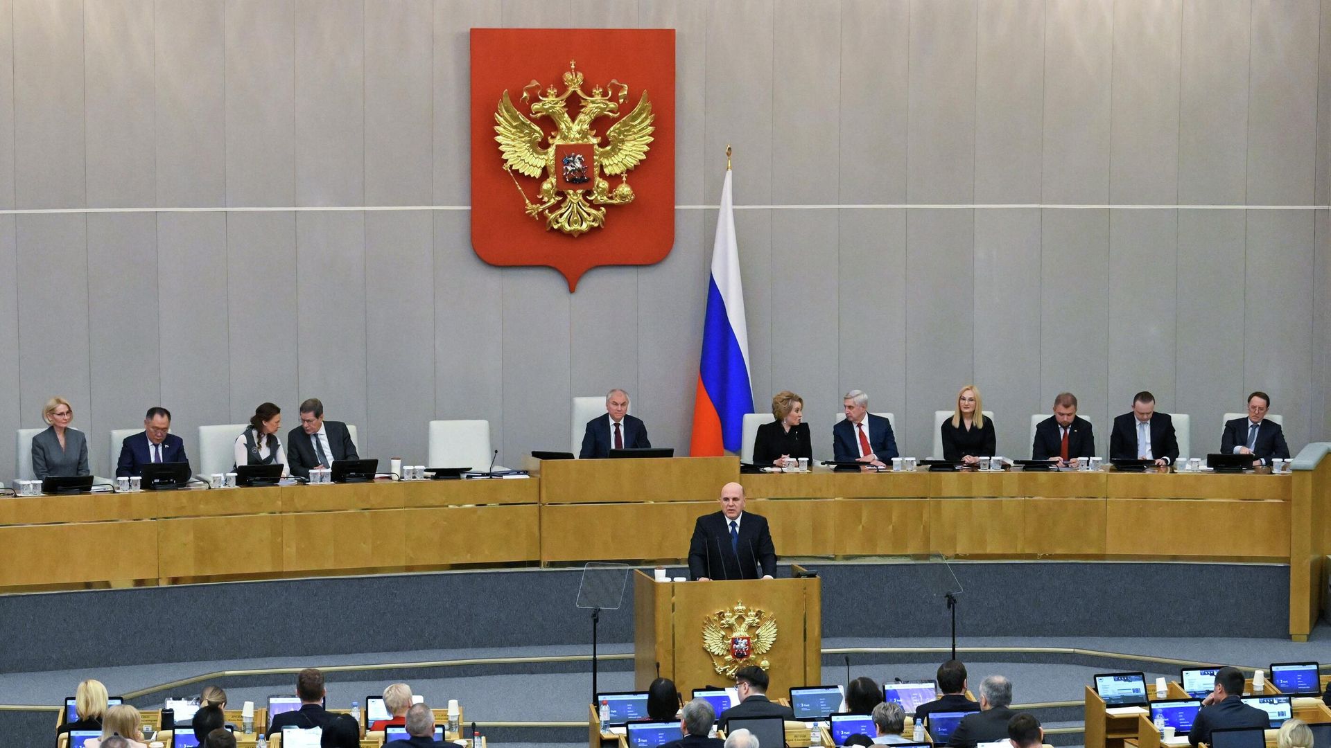 Председатель правительства РФ Михаил Мишустин выступает с ежегодным отчетом правительства РФ в Государственной Думе РФ Председатель правительства РФ Михаил Мишустин выступает с ежегодным отчетом правительства РФ в Государственной Думе РФ - РИА Новости, 1920, 25.02.2026