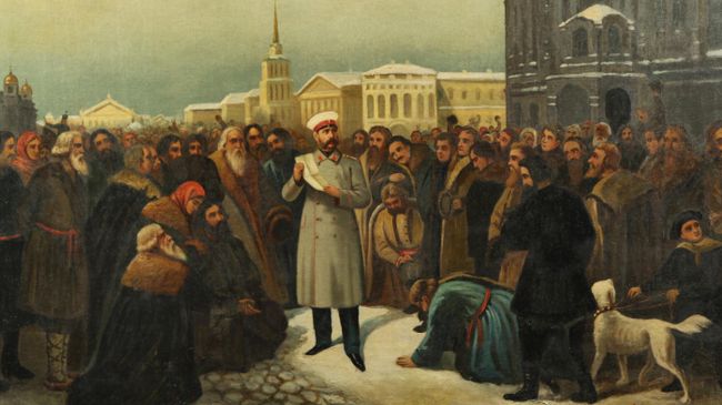 Александр II провозглашает освобождение крепостных крестьян. Частная коллекция.
