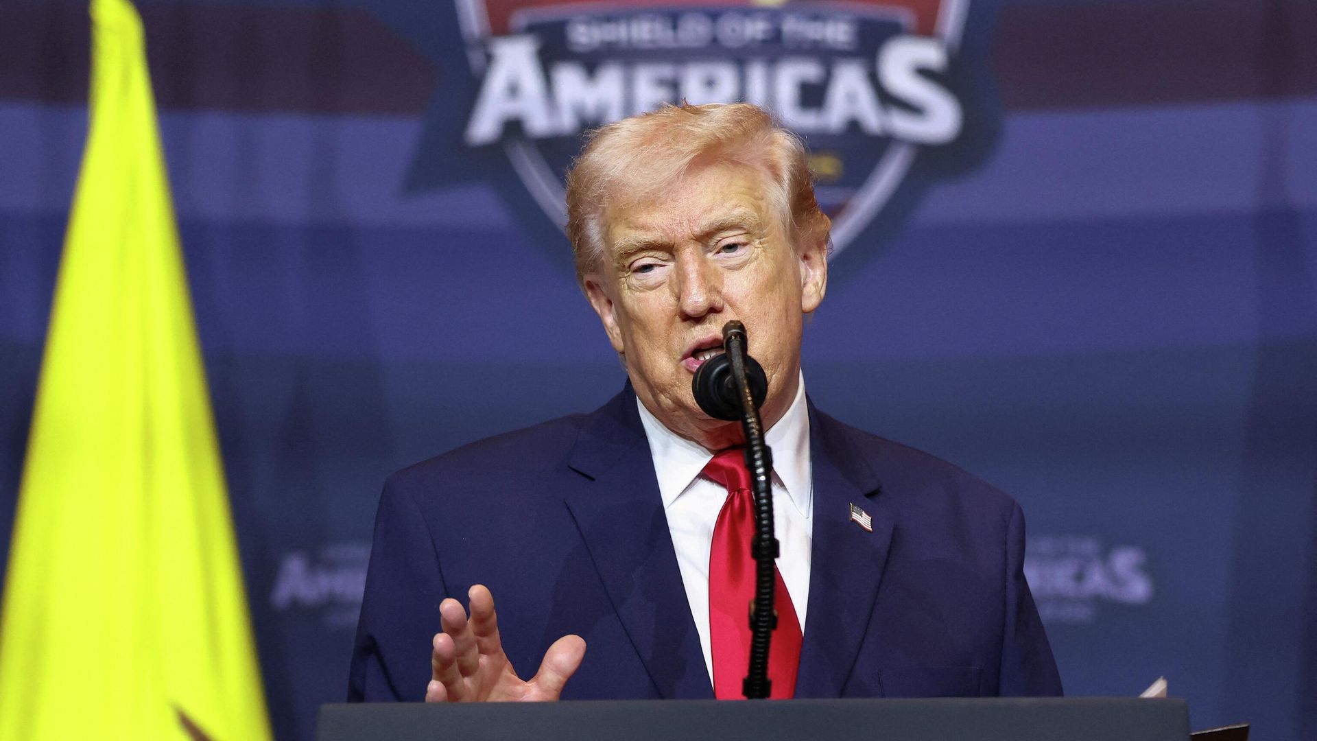 Президент США Дональд Трамп выступает на саммите Щит Америки в Майами Президент США Дональд Трамп выступает на саммите Щит Америки в Майами - РИА Новости, 1920, 07.03.2026