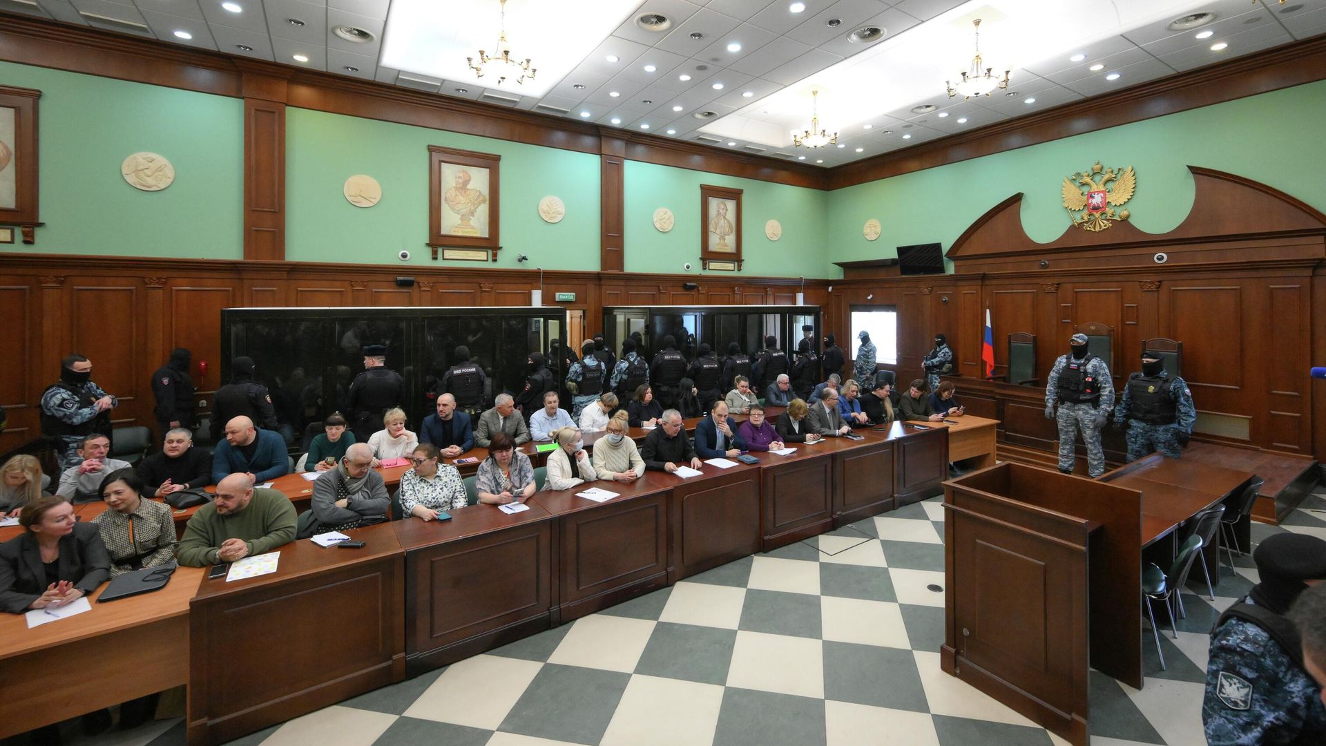 Обстановка в зале суда перед оглашением приговора обвиняемым в совершении теракта в концертном зале Крокус Сити Холл Обстановка в зале суда перед оглашением приговора обвиняемым в совершении теракта в концертном зале Крокус Сити Холл - РИА Новости, 1920, 12.03.2026