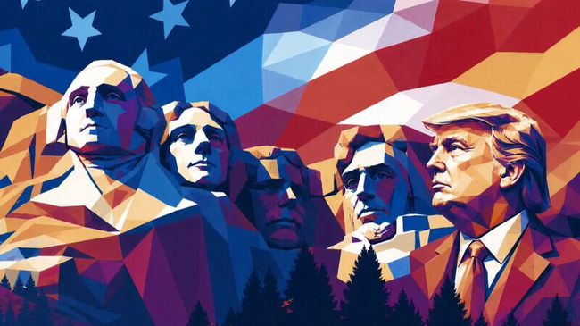 Изображение с портретом президента США Дональдом Трампом на горе Рашмор