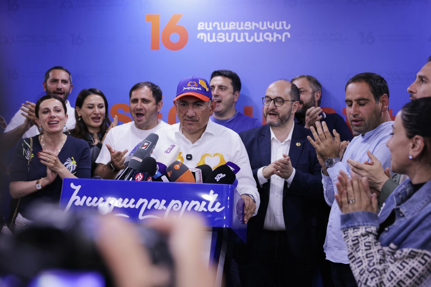 Armenian Prime Minister Nikol Pashinyan speaks at his Armenia Ruling Civil Contract party headquarters after parliamentary elections in Yerevan, Armenia, Monday, June 8, 2026. (AP Photo/Anthony Pizzoferrato) Armenian Prime Minister Nikol Pashinyan speaks at his Armenia Ruling Civil Contract party headquarters after parliamentary elections in Yerevan, Armenia, Monday, June 8, 2026. (AP Photo/Anthony Pizzoferrato)