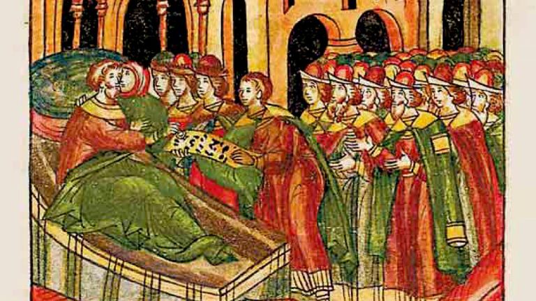 Дмитрий Донской целует жену перед смертью, миниатюра из Лицевого летописного свода, XVI век