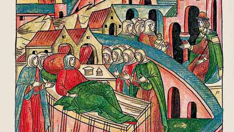 Рождение у княгини Евдокии Дмитриевны дочери Анны, миниатюра из Лицевого летописного свода, XVI век