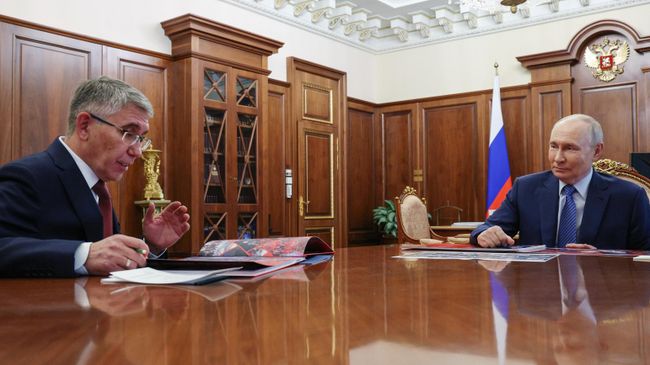 Владимир Путин и губернатор Тульской области Дмитрий Миляев во время встречи Владимир Путин и губернатор Тульской области Дмитрий Миляев во время встречи