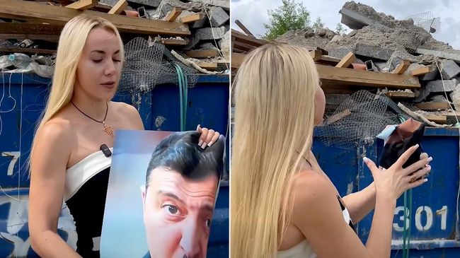 Кандидат в мэры Кракова Марианна Шрайбер выбросила в мусорку изображение Владимира Зеленского в образе Адольфа Гитлера