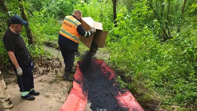 Специалисты ГУП Мосводосток выполняют обработку зеркала воды сорбентом в Машкинском ручье