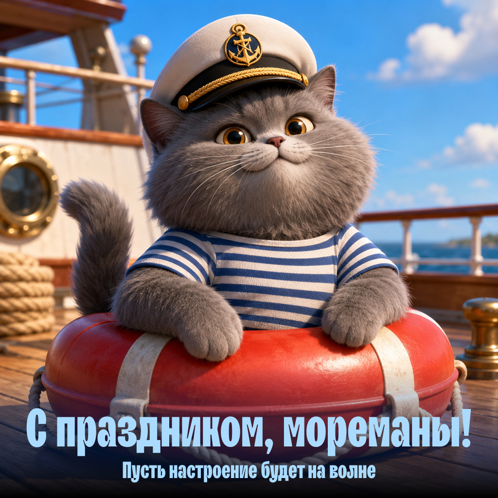 Прикольная открытка на День ВМФ с котом, шуточные слова поздравления и пожелания хорошего настроения - РИА Новости, 1920, 22.07.2026