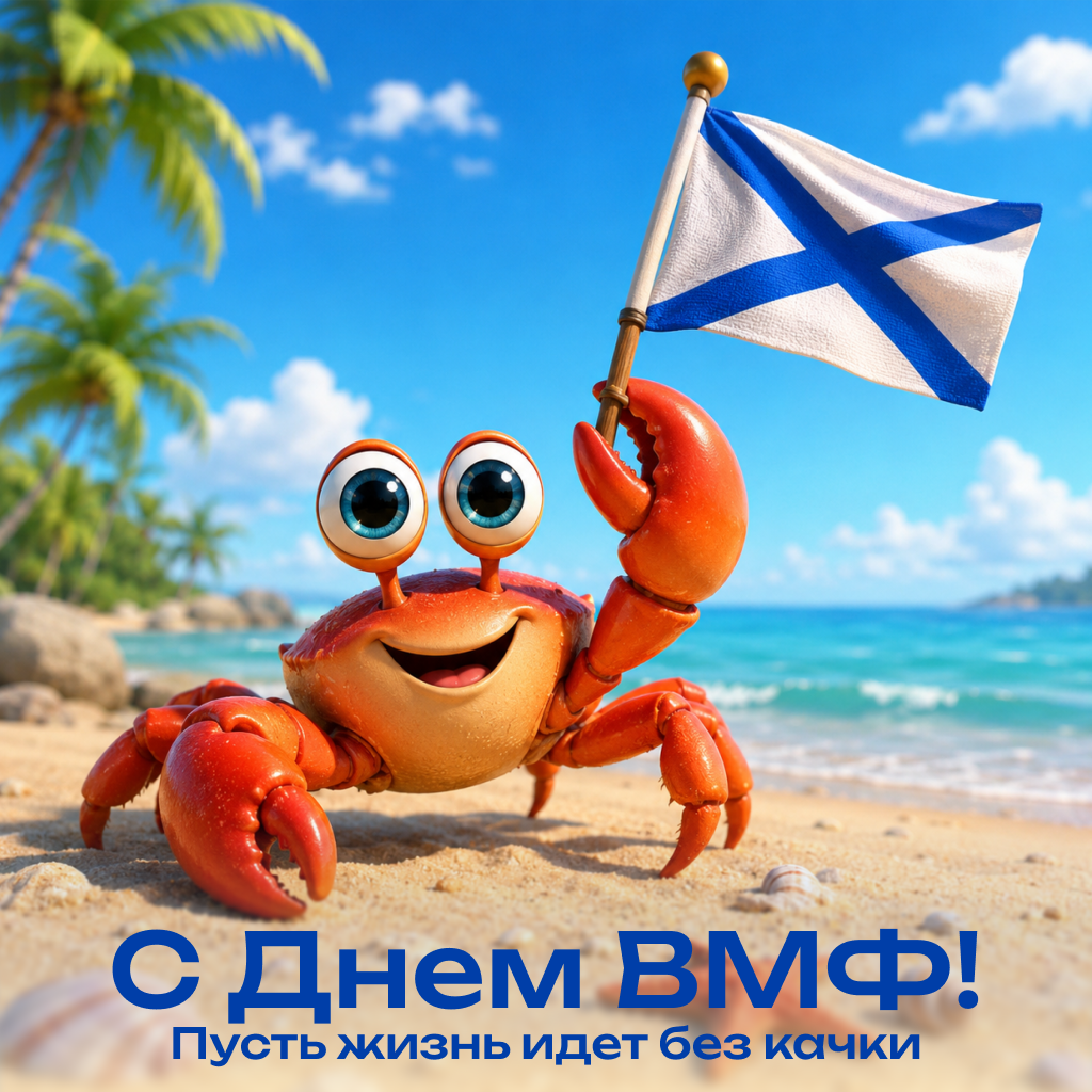 Забавная открытка на День Военно-Морского Флота с крабом, легкие слова напутствия, поздравления и пожелания - РИА Новости, 1920, 22.07.2026