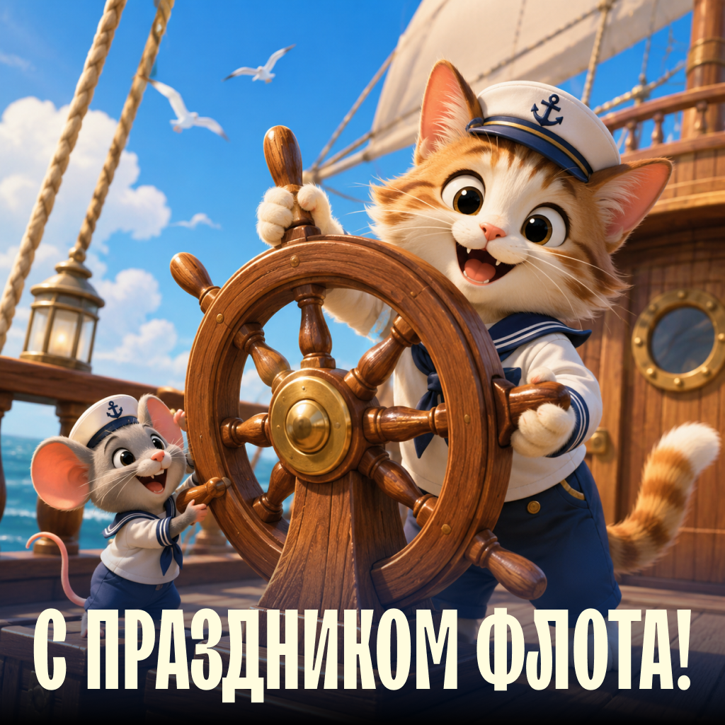 Позитивная открытка на День ВМФ Кот и мышь, добрые слова поздравления и бодрые пожелания - РИА Новости, 1920, 22.07.2026