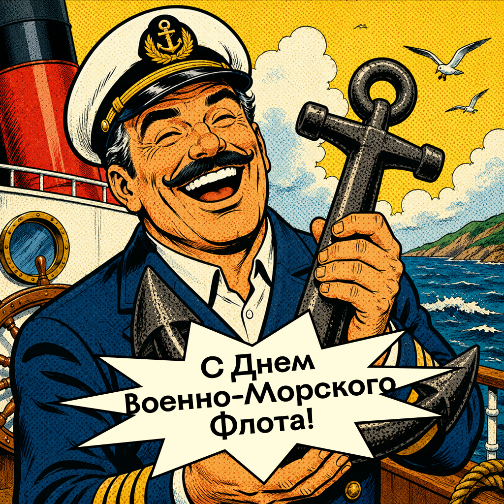 Комикс-открытка на День Военно-Морского Флота, шутливые слова поздравления и пожелания капитану - РИА Новости, 1920, 22.07.2026