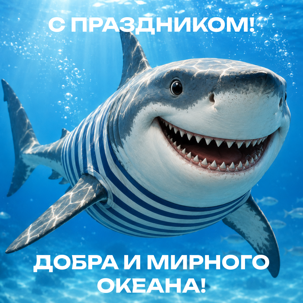 Дружелюбная открытка на День ВМФ с акулой, мирные слова поздравления и душевные пожелания - РИА Новости, 1920, 22.07.2026