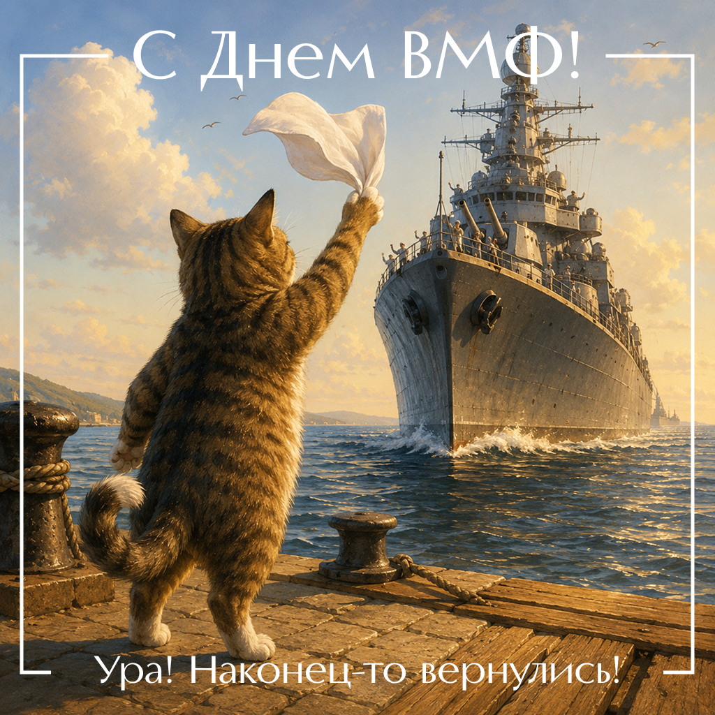 Ожидающая открытка на День Военно-Морского Флота с котом, радостные слова поздравления и пожелания встречи - РИА Новости, 1920, 22.07.2026