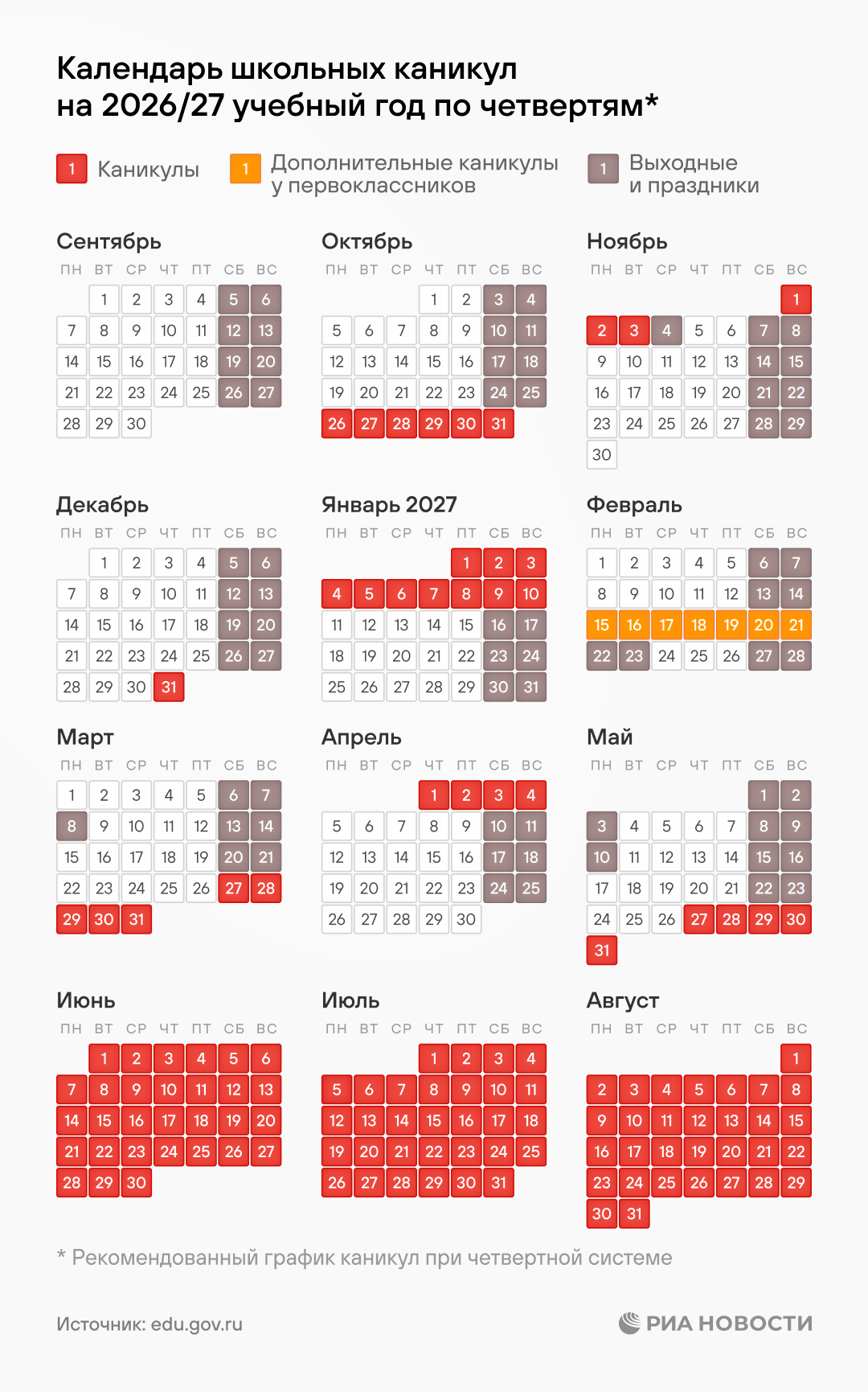 График школьных каникул в 2026/27 учебном году
