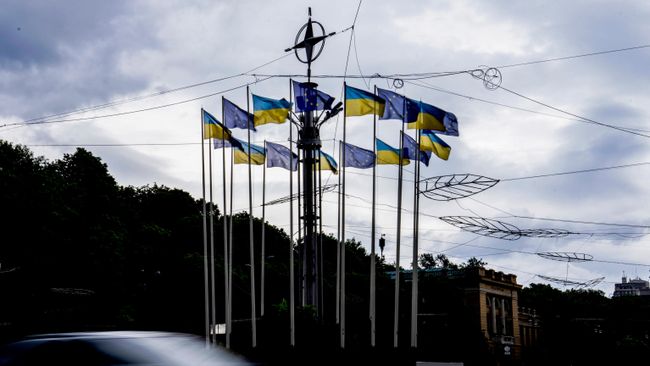 Украинский и европейский флаги на флагштоках