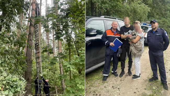 Спасатели ГКУ МО Мособлпожспас помогают мужчине слезть с сосны
