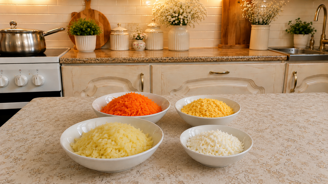 Натертый картофель, морковь, яичные белки и желтки
