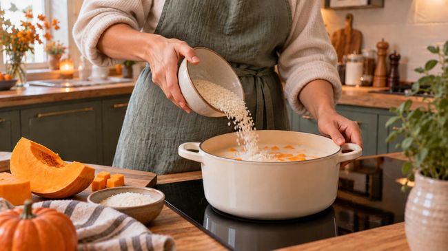 Приготовление молочной рисовой каши с тыквой