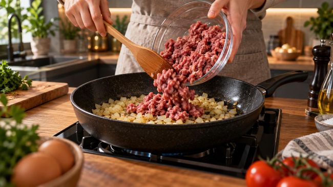 Приготовление яичницы с мясным фаршем