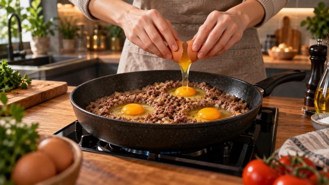 Приготовление яичницы с мясным фаршем