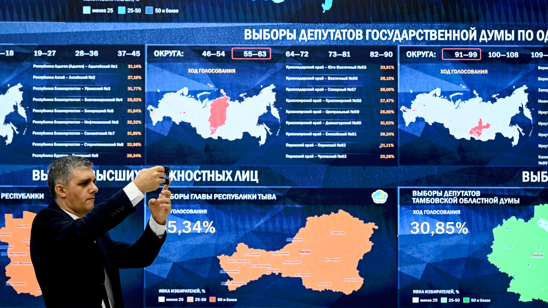 Экран с предварительными итогами выборов по округам депутатов Государственной Думы Экран с предварительными итогами выборов по округам депутатов Государственной Думы - РИА Новости, 1920, 19.09.2026