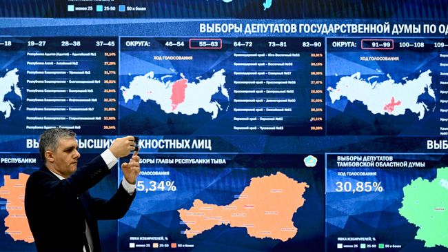 Экран с предварительными итогами выборов по округам депутатов Государственной Думы Федерального собрания Российской Федерации