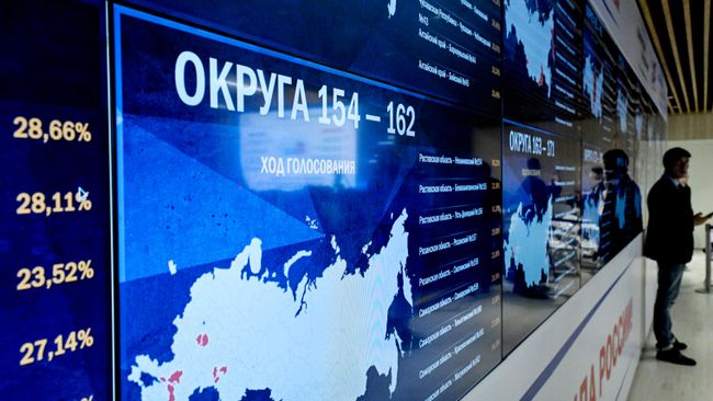 Экран с процентами явки избирателей по округам на выборах депутатов Государственной Думы Федерального собрания Российской Федерации