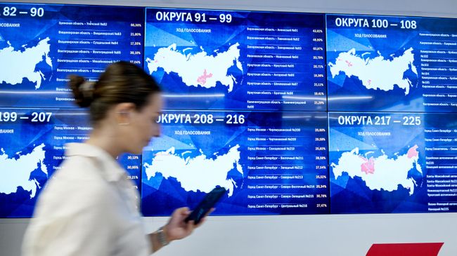 Экран с процентами явки избирателей по округам на выборах депутатов Государственной Думы Федерального собрания Российской Федерации