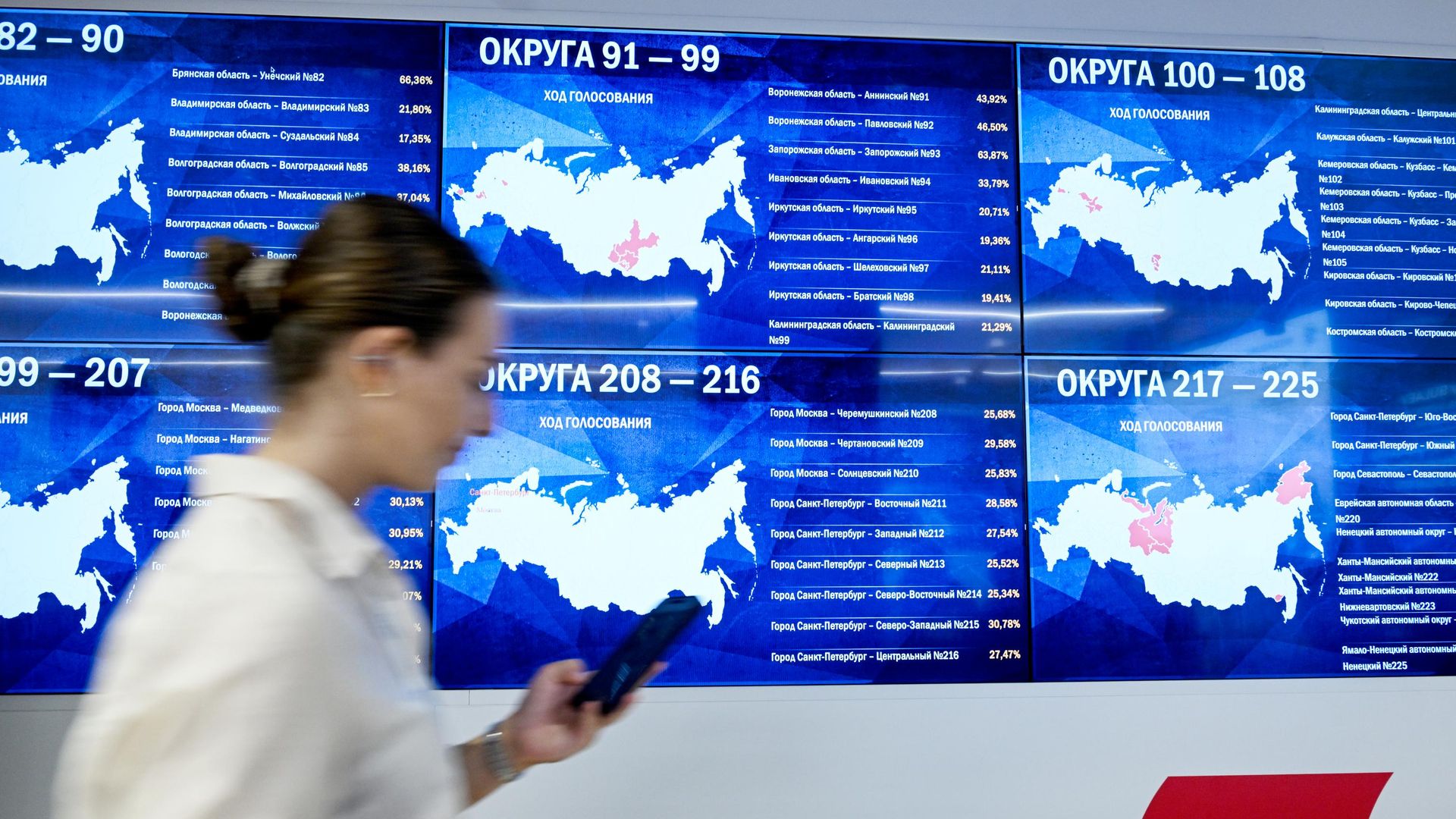 Экран с процентами явки избирателей по округам на выборах депутатов Государственной Думы Федерального собрания Российской Федерации Экран с процентами явки избирателей по округам на выборах депутатов Государственной Думы Федерального собрания Российской Федерации - РИА Новости, 1920, 19.09.2026