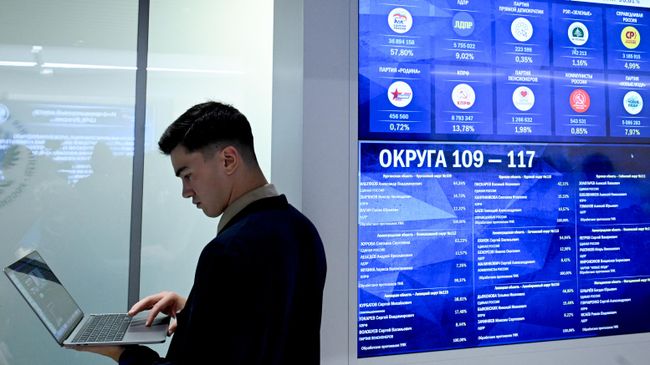 Экран с предварительными итогами выборов в Государственную Думу РФ в Центральной избирательной комиссии Экран с предварительными итогами выборов в Государственную Думу РФ в Центральной избирательной комиссии