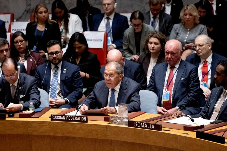 Министр иностранных дел РФ Сергей Лавров выступает на заседании Совета Безопасности на тему Поддержание мира и безопасности Украины на полях недели высокого уровня 81-й сессии Генассамблеи ООН