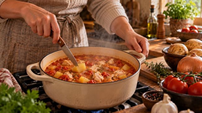 Приготовление томатного супа с курицей и картошкой Приготовление томатного супа с курицей и картошкой