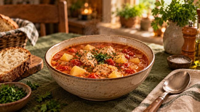 Томатный суп с курицей и картошкой Томатный суп с курицей и картошкой