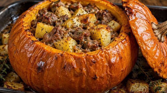 Запеченная целиком тыква с мясом и картофелем Запеченная целиком тыква с мясом и картофелем