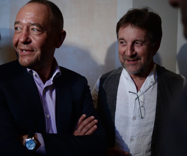 Закрытая премьера фильма Владимира Хотиненко Бесы. Генеральный директор Газпром-Медиа Михаил Лесин и актер Леонид Ярмольник