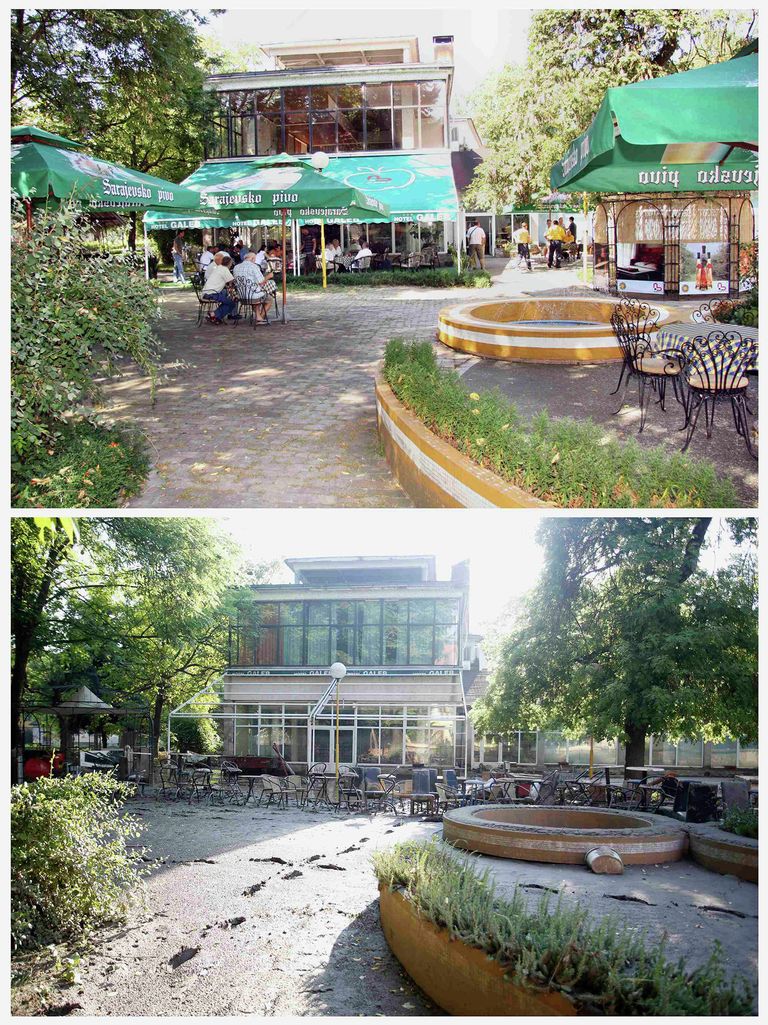 Кафе в городе Маглай 22 августа 2010 года (сверху) и тот же район после наводнения, 21 мая 2014 года