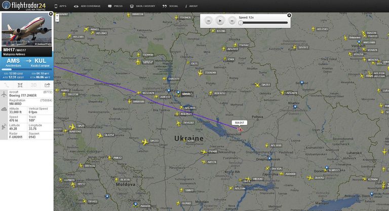 Данные Flightradar24 о том, где находился Boeing 777 компании Malaysia Airlines перед тем, как пропасть с радаров
