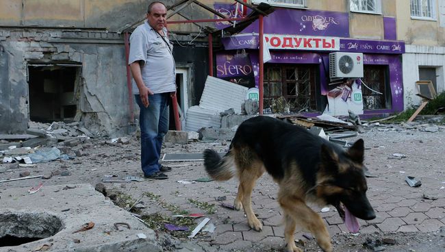 Мужчина с собакой рядом с поврежденным в результате обстрела зданием в Донецке Мужчина с собакой рядом с поврежденным в результате обстрела зданием в Донецке