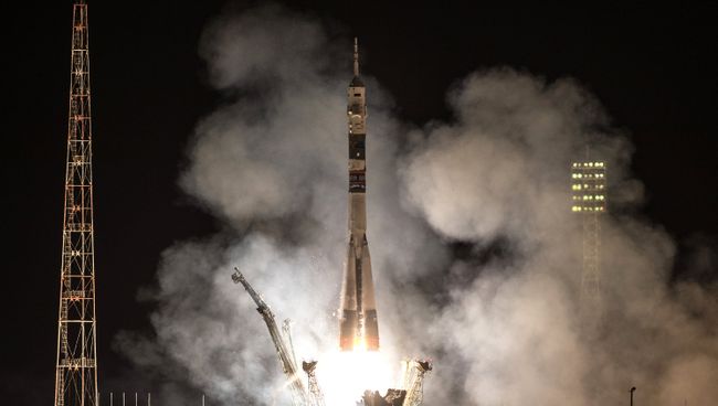Старт ракеты Союз ТМА-14М на космодроме Байконур