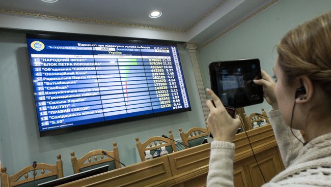 Табло с промежуточными итогами парламентских выборов в здании Центральной избирательной комиссии в Киеве Табло с промежуточными итогами парламентских выборов в здании Центральной избирательной комиссии в Киеве