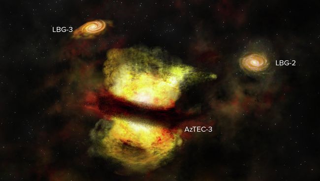 Художественное изображение слияния галактик AzTEC-3 Художественное изображение слияния галактик AzTEC-3