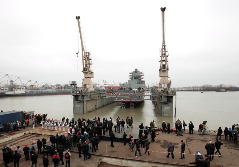 Спуск на воду фрегата Адмирал флота Касатонов на судостроительном заводе Северные верфи в Санкт-Петербурге
