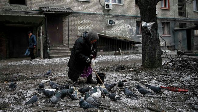 Жительница Дебальцево кормит голубей у разрушенного дома. Восточная Украина. 5 февраля 2015 Жительница Дебальцево кормит голубей у разрушенного дома. Восточная Украина. 5 февраля 2015