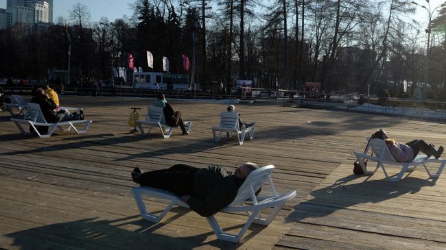 Жители Москвы отдыхают на солнце в парке Сокольники в Москве. Архивное фото